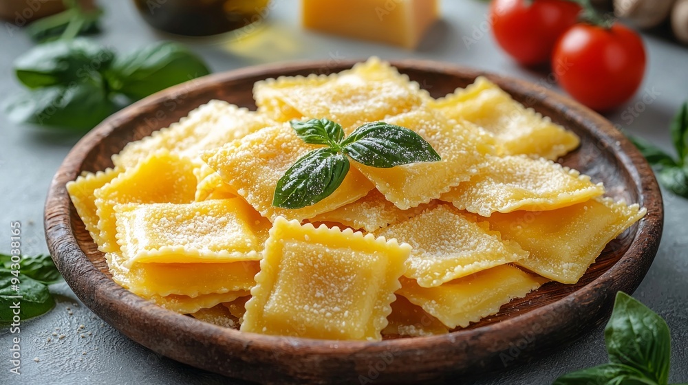 Fresh Ravioli pasta on table.