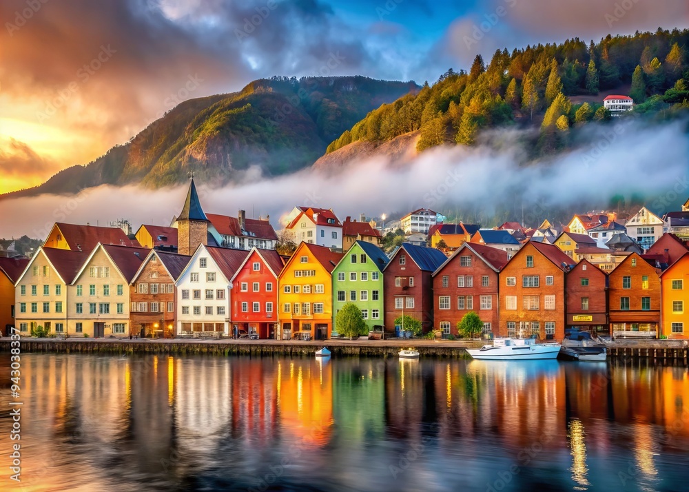 Obraz premium Moody Norse Revivalism capturing misty morning light dancing across intricate wooden facades of Bergen's colorful Bryggen Wharf houses, blending Nordic rusticity with urban bustle