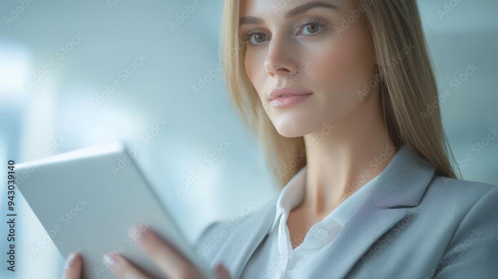 A woman is holding a tablet in her hand while wearing a business suit. She is focused on the device, possibly checking emails or working on a project. Concept of productivity and professionalism A woman is holding a tablet in her hand while wearing a business suit. She is focused on the device, possibly checking emails or working on a project. Concept of productivity and professionalism