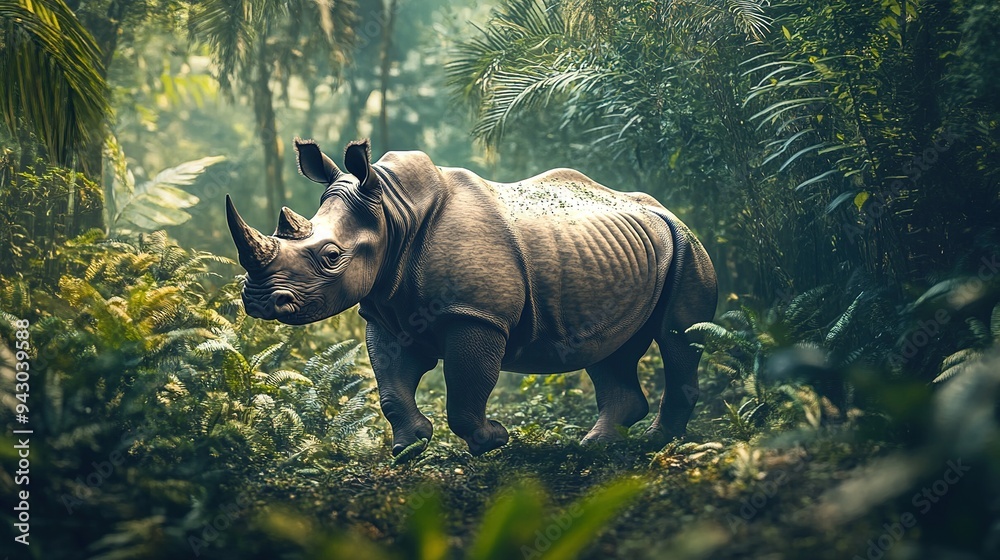 Fototapeta premium Majestic rhinoceros in dense jungle setting