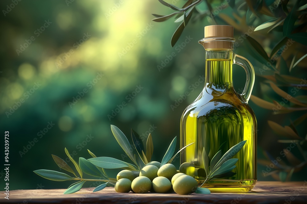 Elegant Olive Oil Bottle with Fresh Olives on Wooden Table Elegant Olive Oil Bottle with Fresh Olives on Wooden Table
