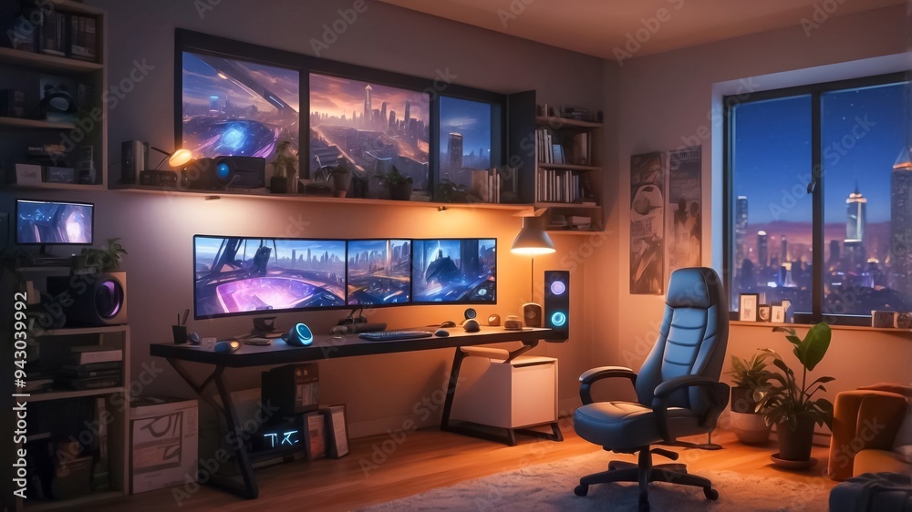A High-End Gaming Setup with Multiple Monitors. A Sleek Modern Gaming Room. Various Gaming Accessories. Streaming Room. A High-End Gaming Setup with Multiple Monitors. A Sleek Modern Gaming Room. Various Gaming Accessories. Streaming Room.