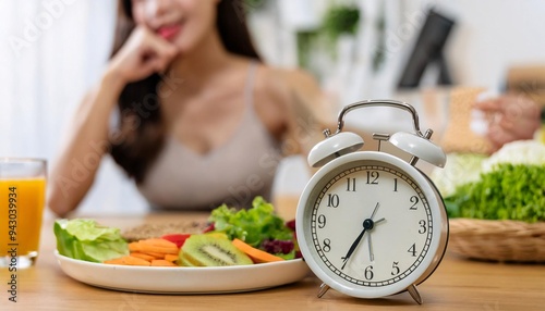 Close up on clock and people feeling hungry waiting time to eat during intermittent fasting diet session, Intermittent fasting concept. photo