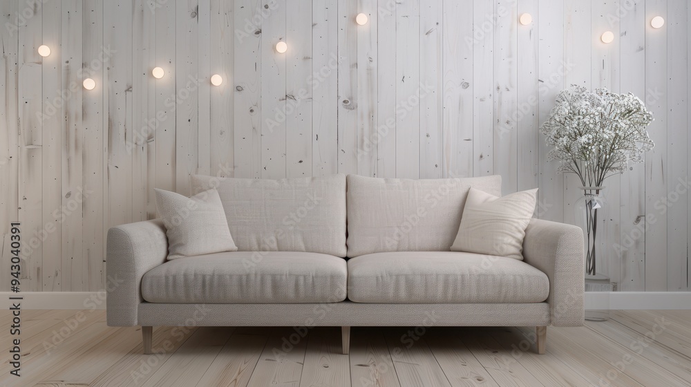 A white couch sits in front of a wall with a white background. The room has a clean and minimalist look, with the white couch A white couch sits in front of a wall with a white background. The room has a clean and minimalist look, with the white couch