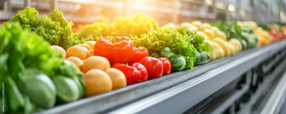 Conveyor belt packaging fresh produce in an industrial agricultural facility, food industry, mass production Conveyor belt packaging fresh produce in an industrial agricultural facility, food industry, mass production