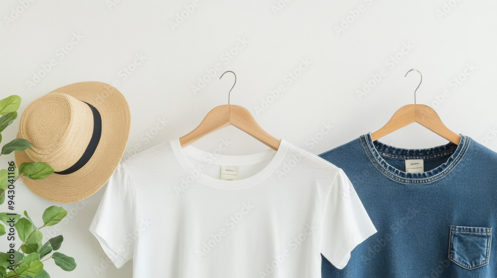 The photo showcases a white and denim t-shirt neatly hanging on individual hangers against a clean white background