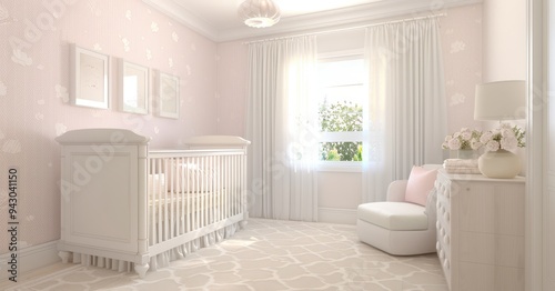 A baby's nursery with a white crib, a chair, and a window. The room is decorated in a pink and white color scheme