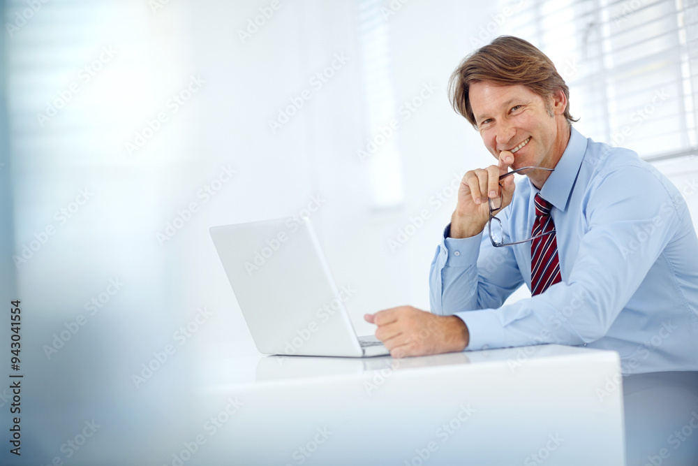 Portrait, happy and businessman with laptop in office for investment, research or online economy news. Financial advisor, smile and technology for foreign exchange, stock update or share price report Portrait, happy and businessman with laptop in office for investment, research or online economy news. Financial advisor, smile and technology for foreign exchange, stock update or share price report
