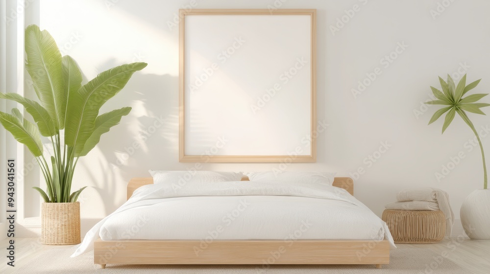 A white bed with a white sheet and a white pillow sits in front of a white wall. A large picture frame hangs on the wall. A potted plant sits on the floor next to the bed A white bed with a white sheet and a white pillow sits in front of a white wall. A large picture frame hangs on the wall. A potted plant sits on the floor next to the bed