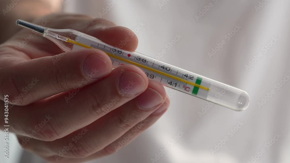 Fever in a person.
A man measures his temperature with a mercury thermometer.
Sick, flu, treatment, fever, mercury