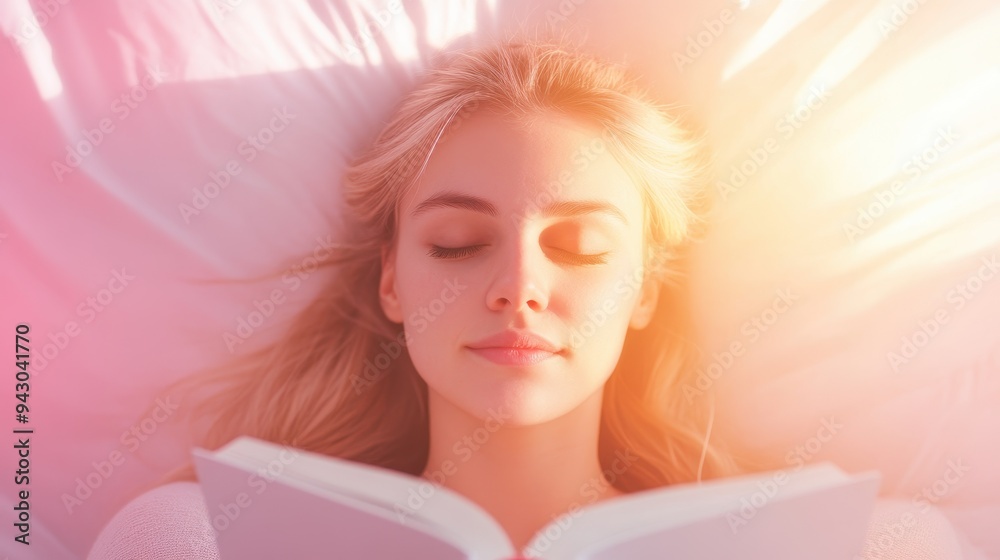 Obraz premium A woman is reading a book while laying on a bed. The book is open to a page with a picture of a woman's face