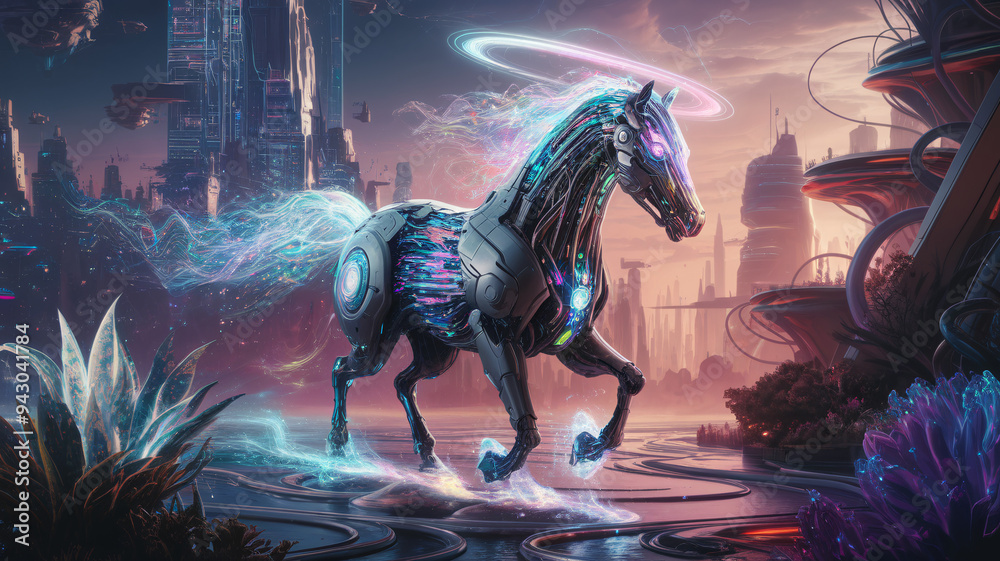 A robotic horse with glowing red symbols stands before a neon-lit ...