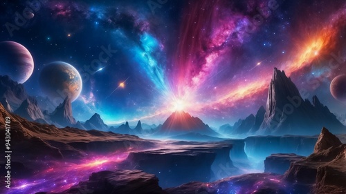 View From an Alien Planet Thick Nebula and Near Planets. Nebula Field with Dust and Stars. Nebulae Clouds in Distant Space. The Endless Space. Distant Galaxies in Unknown Solar System. Alien Worlds.