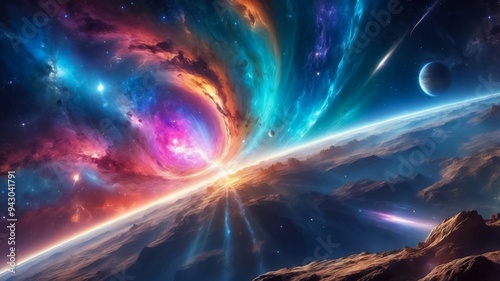 View From a Planet Near Thick Nebula. Nebula Field with Dust and Stars. Nebulae Clouds in Distant Space. The Endless Space. Distant Galaxies in Unknown Solar System. Alien Worlds.
