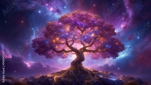 The Ancient Cosmic Tree Glowing with Radiant Light. A Majestic Cosmic Network Spanning the Universe, Interconnected by Luminous Energy Threads. Cosmic Energy.