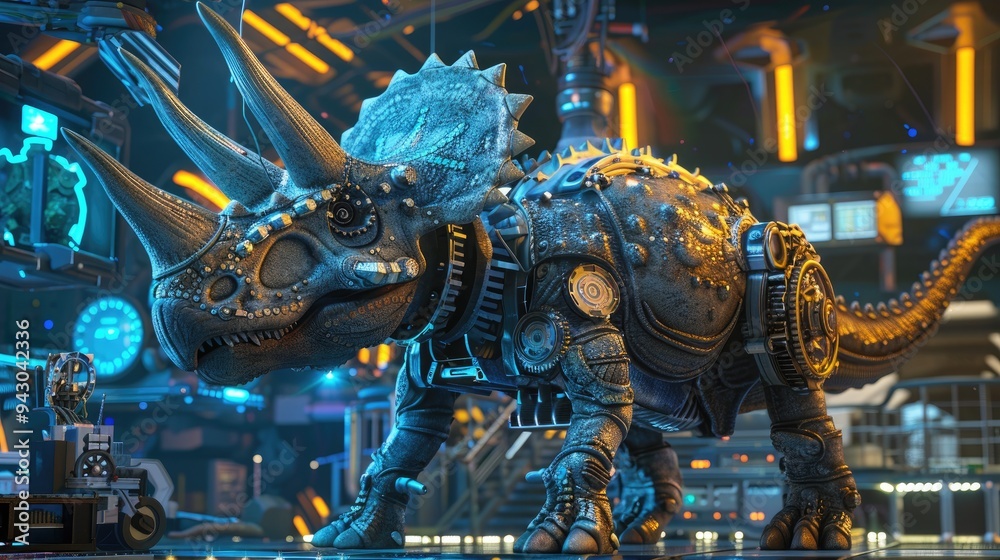 Fototapeta premium A robotic triceratops stands in a futuristic lab.