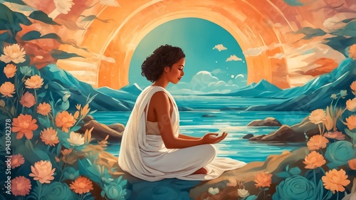 A Woman is Meditating, Surrounded by Symbols of mental wellness such as Blooming Flowers, Glowing Orbs, and Soothing Waves. She is Practicing Yoga Concentration.
