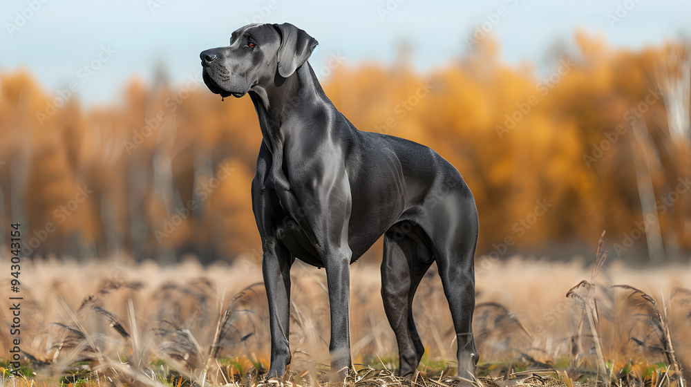 A majestic Great Dane standing proudly in a field, its tall stature and sleek coat giving it a regal and powerful presence A majestic Great Dane standing proudly in a field, its tall stature and sleek coat giving it a regal and powerful presence