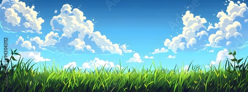 Illustration of a serene landscape featuring vibrant green grass under a bright blue sky speckled with fluffy white clouds. Perfect for nature and outdoor themes.