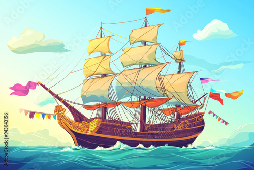 A Wooden Sailing Ship with Multiple Sails and Flags in the Sea