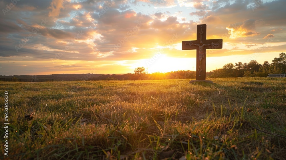 Photograph of a Christian cross on a grassy field at sunset.