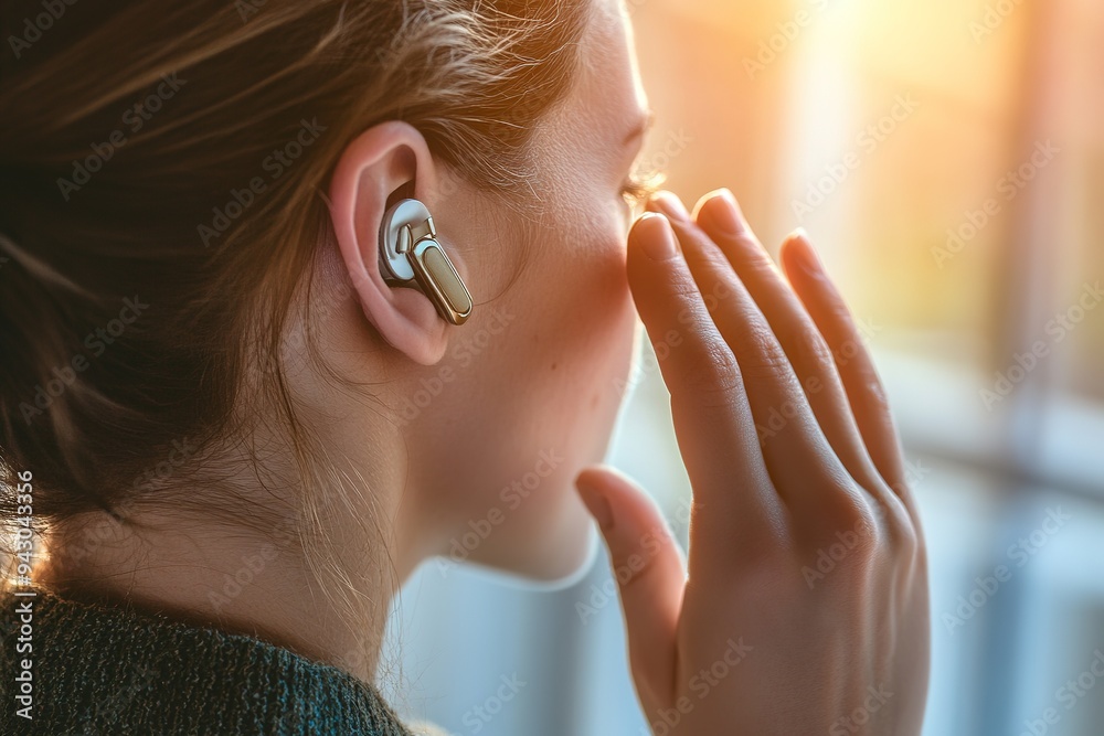 Fototapeta premium Woman using wireless earbuds looking through window.