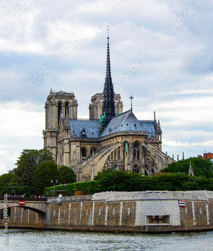 Famous Parisian architectural destination Notre Dame. Historical gothic cathedral in the heart of Paris, France. 