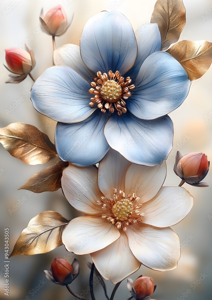 A painting of two blue flowers with gold accents. The flowers are surrounded by leaves and there are some red berries in the background. The painting has a serene and calming mood A painting of two blue flowers with gold accents. The flowers are surrounded by leaves and there are some red berries in the background. The painting has a serene and calming mood