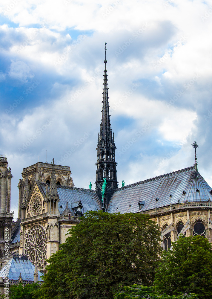 The black spire of Notre Dame Cathedral in Paris prior to its destruction by fire in 2019, Paris, France The black spire of Notre Dame Cathedral in Paris prior to its destruction by fire in 2019, Paris, France