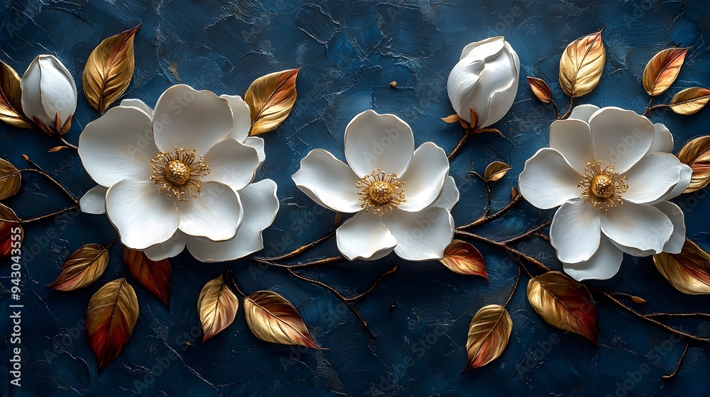 Fototapeta premium A painting of three white flowers with gold accents on a blue background. The flowers are arranged in a line, with the middle one slightly larger than the other two. The painting has a serene
