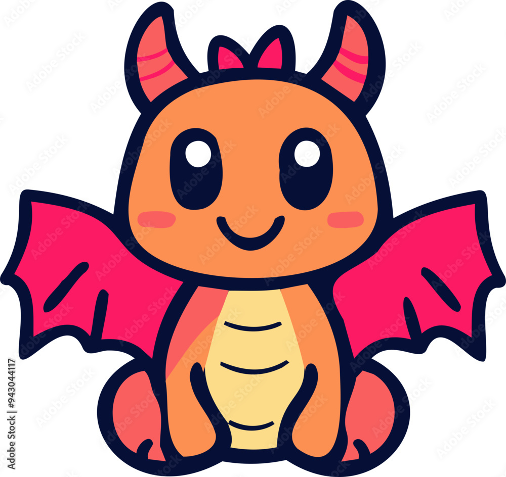 A cute, orange dragon with large, expressive eyes and a cheerful smile sits on its hind legs, its pink wings folded behind its back. A cute, orange dragon with large, expressive eyes and a cheerful smile sits on its hind legs, its pink wings folded behind its back.