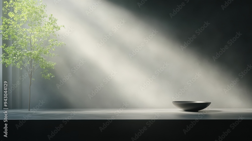 Obraz premium A bowl sits on a table in front of a window. The scene is peaceful and serene, with the bowl