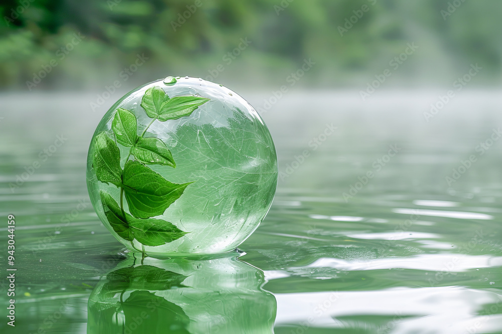 Crystal ball resting on water reflecting green leaves and trees Crystal ball resting on water reflecting green leaves and trees