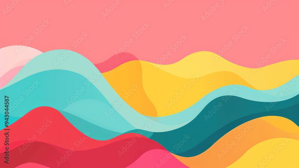 Abstract flat background with colorful waves and shapes in pink, orange, green, yellow and teal Abstract flat background with colorful waves and shapes in pink, orange, green, yellow and teal