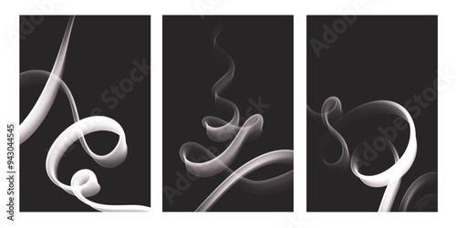 Set of white Smoky flowy line, modern and zen isolate to background for design, wallpaper, phone, screen and more, black and dark powerful, concentrate