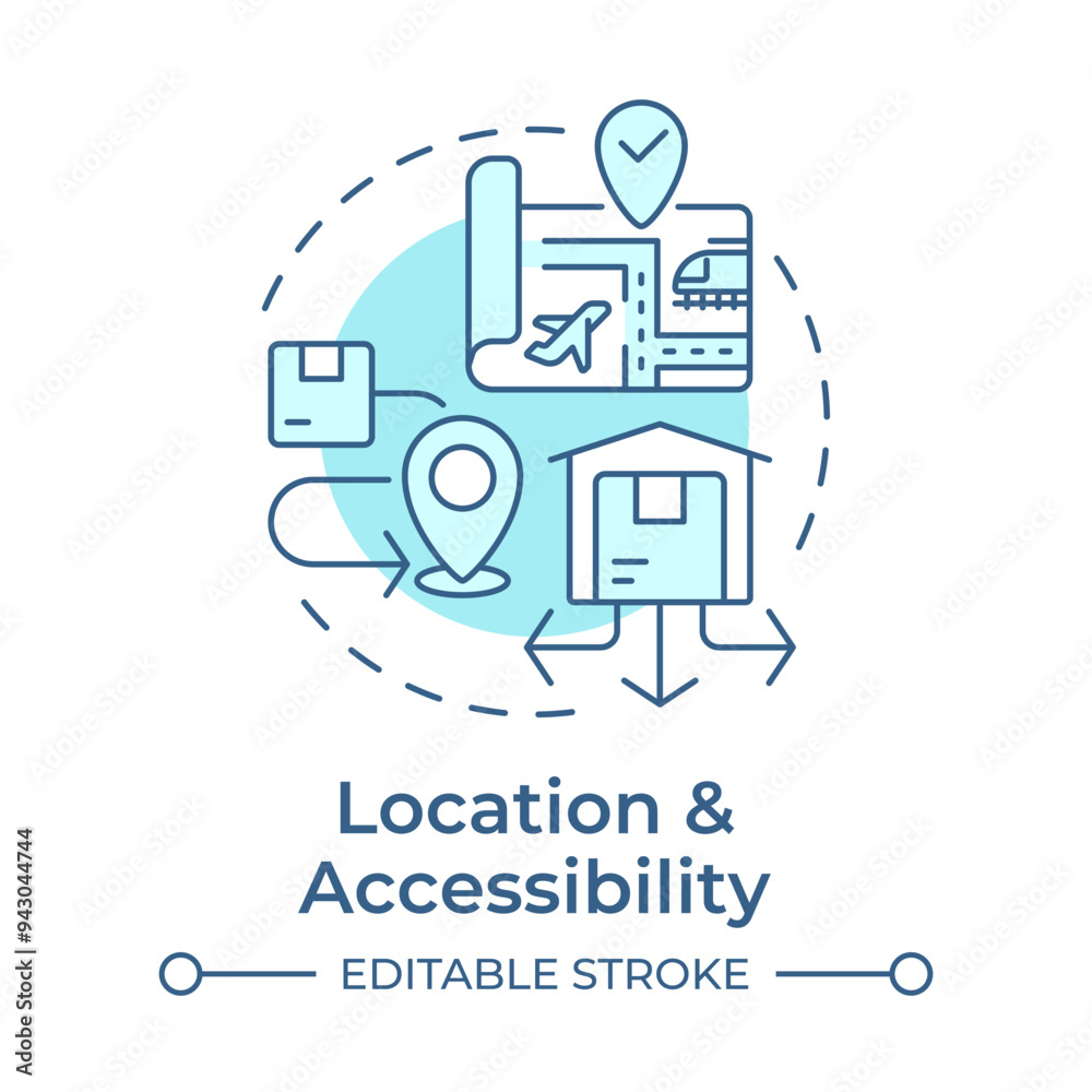 Location and accessibility soft blue concept icon. Industrial real estate. Logistics and transport links. Round shape line illustration. Abstract idea. Graphic design. Easy to use in article Location and accessibility soft blue concept icon. Industrial real estate. Logistics and transport links. Round shape line illustration. Abstract idea. Graphic design. Easy to use in article