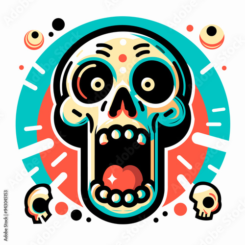 funny skull surprise expression in flat color block vector illustration Halloween cartoon