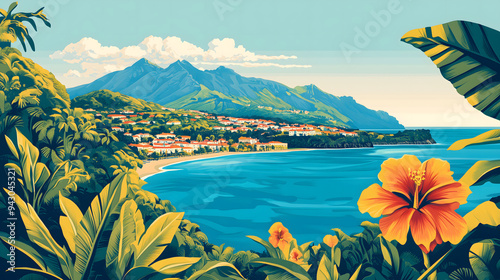 Vintage illustration of Santa Maria in the Azores, with a view of lush green trees and blue sea. photo