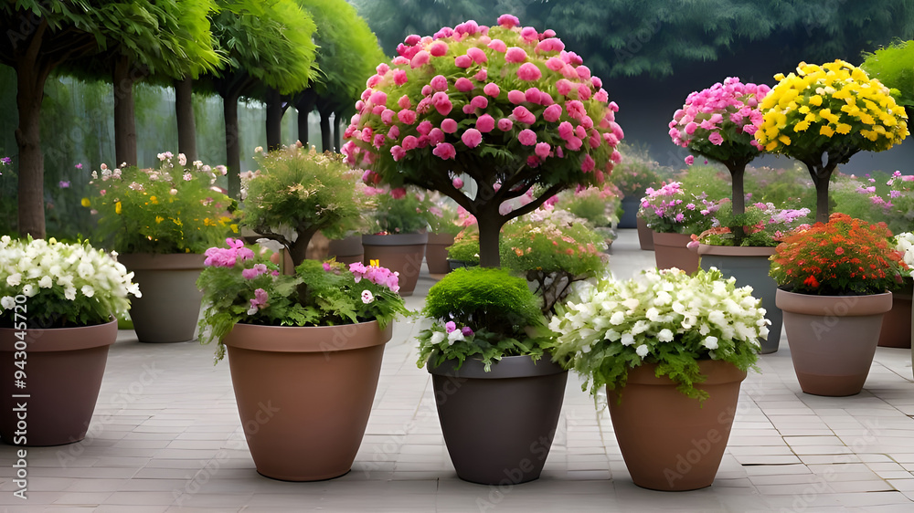 Pictures of beautiful trees and flowers grown in pots. Placed as a decoration in the large garden. d.(54) Pictures of beautiful trees and flowers grown in pots. Placed as a decoration in the large garden. d.(54)