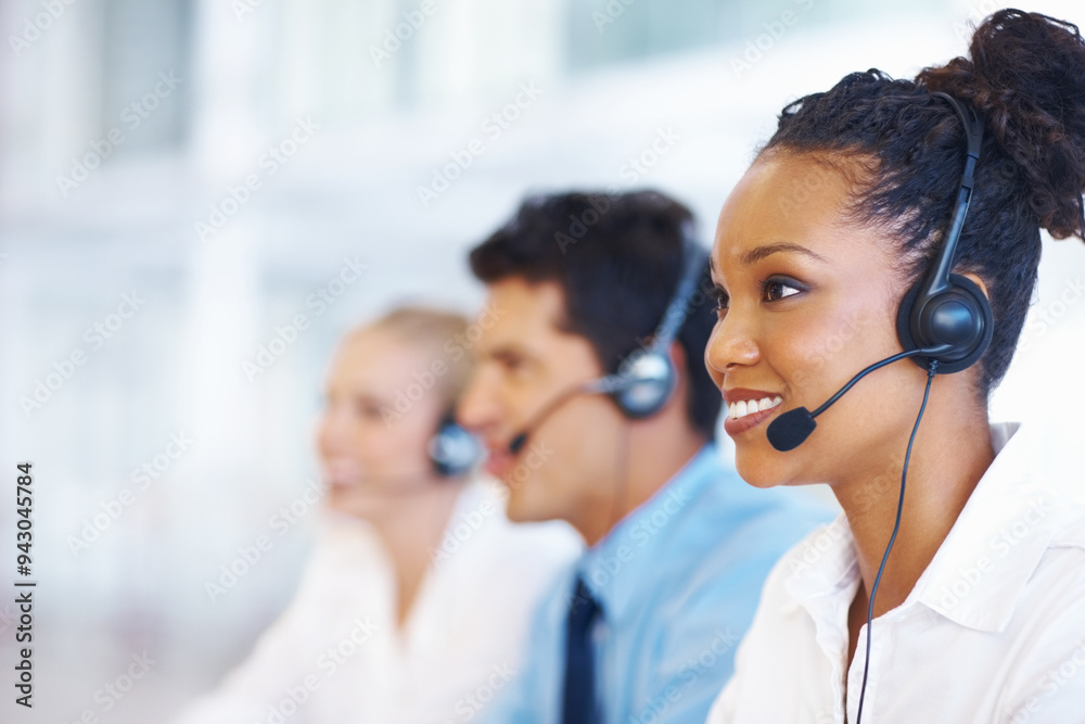 Woman, talking and smile in call center for customer support, telemarketing and FAQ in office. Female agent, contact or headset at help desk with team, communication or bilingual consultant with tech Woman, talking and smile in call center for customer support, telemarketing and FAQ in office. Female agent, contact or headset at help desk with team, communication or bilingual consultant with tech