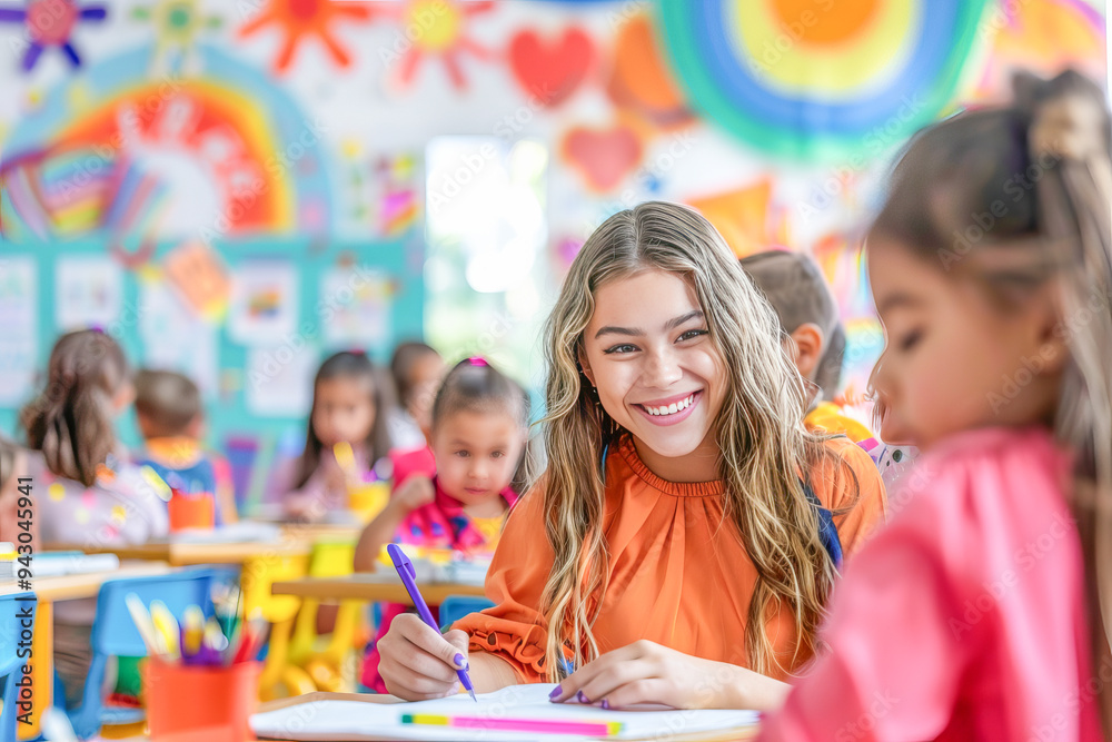 Happy teacher's aide helping student with homework in colorful classroom Happy teacher's aide helping student with homework in colorful classroom