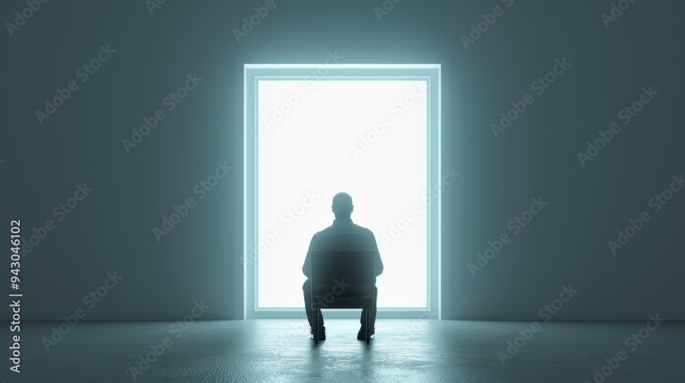 Obraz premium A man sits in a chair in front of a window. The room is dark and the window is open, letting in a bright light. The man is lost in thought, possibly contemplating his life or his future