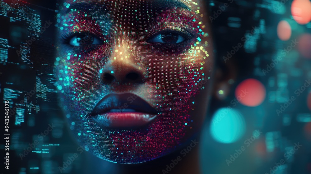 Vibrant digital hologram of a Black womans face, created with glowing pixels, surrounded by flowing data streams, illustrating the intersection of technology and diversity. Vibrant digital hologram of a Black womans face, created with glowing pixels, surrounded by flowing data streams, illustrating the intersection of technology and diversity.