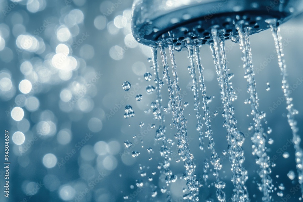 Close-up serene shower water droplets in blue hues Close-up serene shower water droplets in blue hues