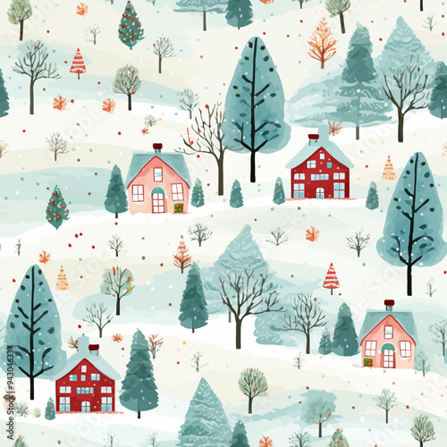 Seamless Winter Christmas Landscape Pattern Watercolor Vector Illustration.