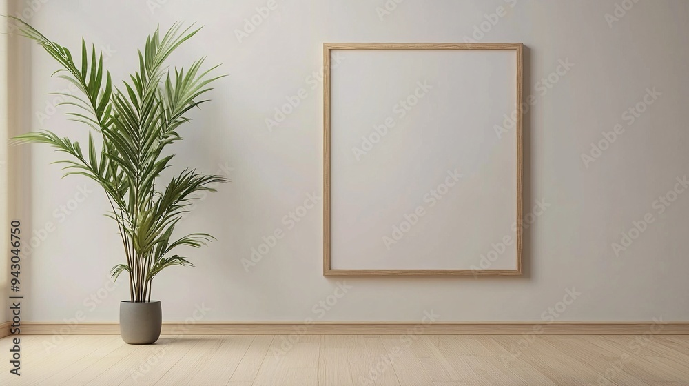 Minimalist room with a large empty frame and green potted plant Minimalist room with a large empty frame and green potted plant