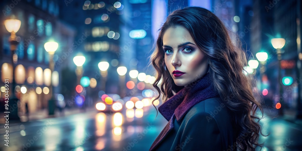 Sultry evening atmosphere surrounds mysterious woman's sly subtle smile amidst city streetlights urban nightscape moody dramatic shadows dark blues and purples seductive confidence Sultry evening atmosphere surrounds mysterious woman's sly subtle smile amidst city streetlights urban nightscape moody dramatic shadows dark blues and purples seductive confidence