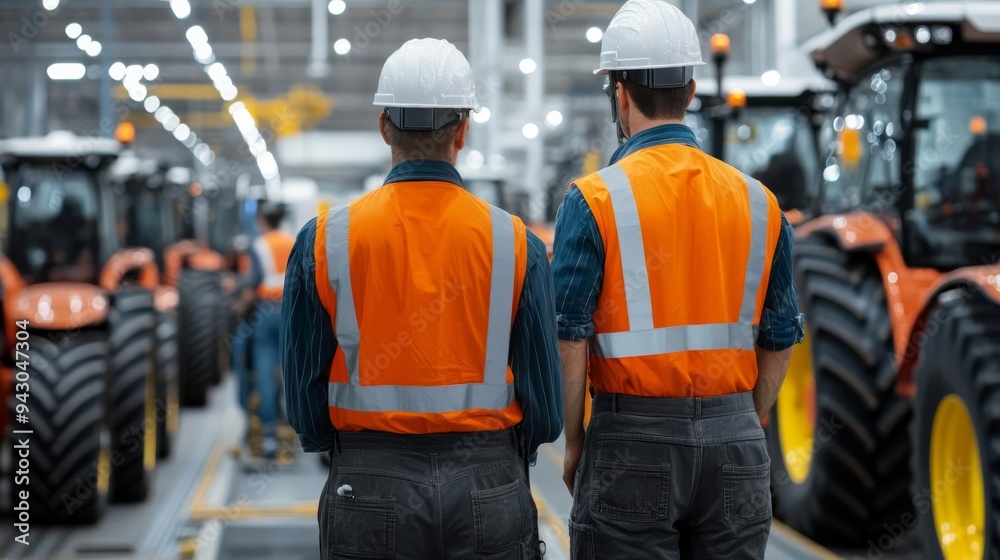 Assembly line workers building advanced tractors with robotic assistance, agricultural innovation, industrial production Assembly line workers building advanced tractors with robotic assistance, agricultural innovation, industrial production
