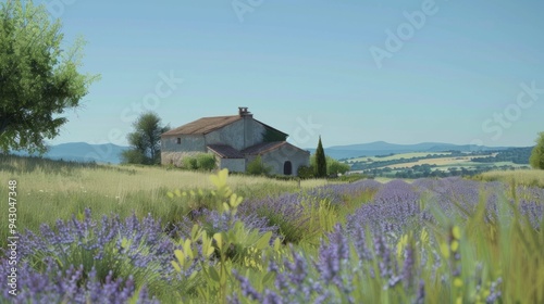 Serene Lavender Fields. Tranquil countryside scene with a charming farmhouse