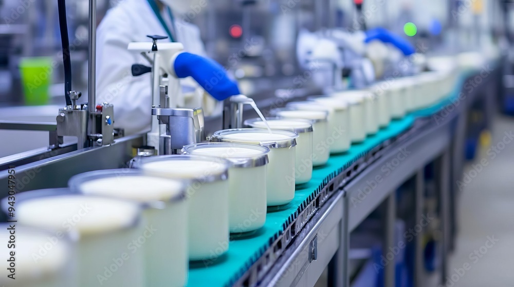 Assembly line in a dairy processing plant, food industry, automated production Assembly line in a dairy processing plant, food industry, automated production